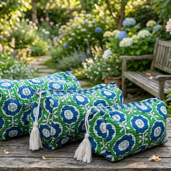 Quilted Block Print Pouch Set - Blue & Green
