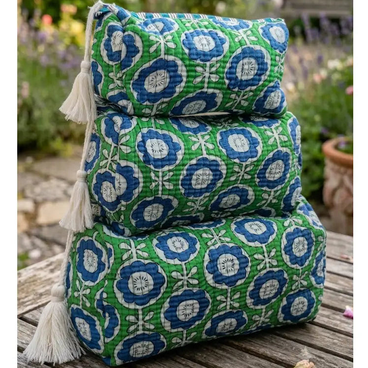 Quilted Block Print Pouch Set - Blue & Green