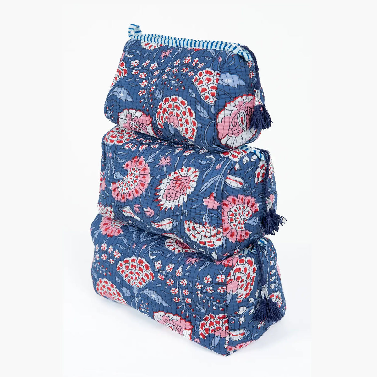 Quilted Block Print Pouch Set - Blue & Pink