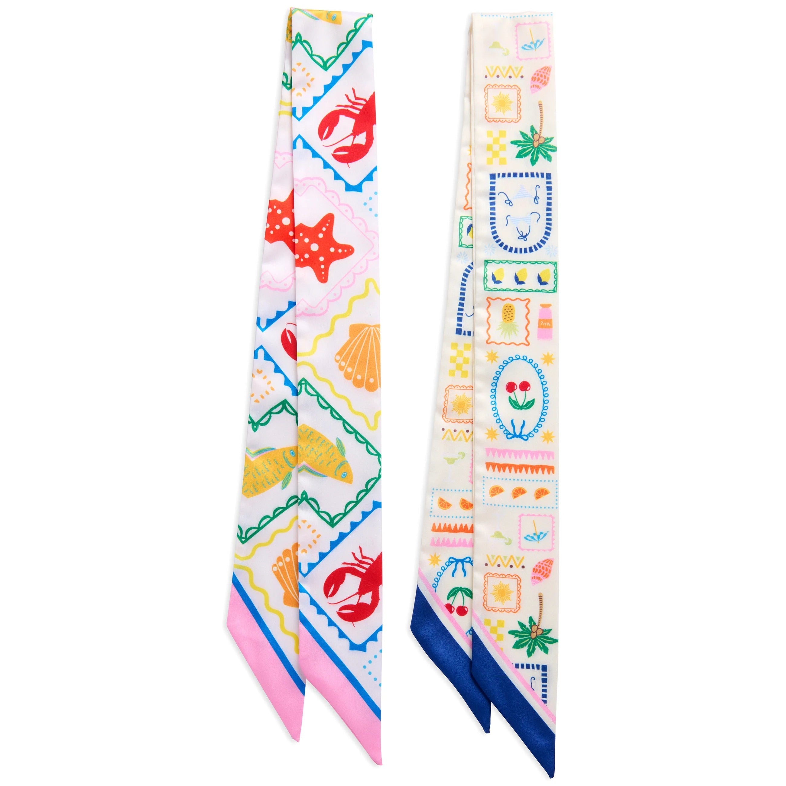 Two colorful scarves with patterned designs on a white background